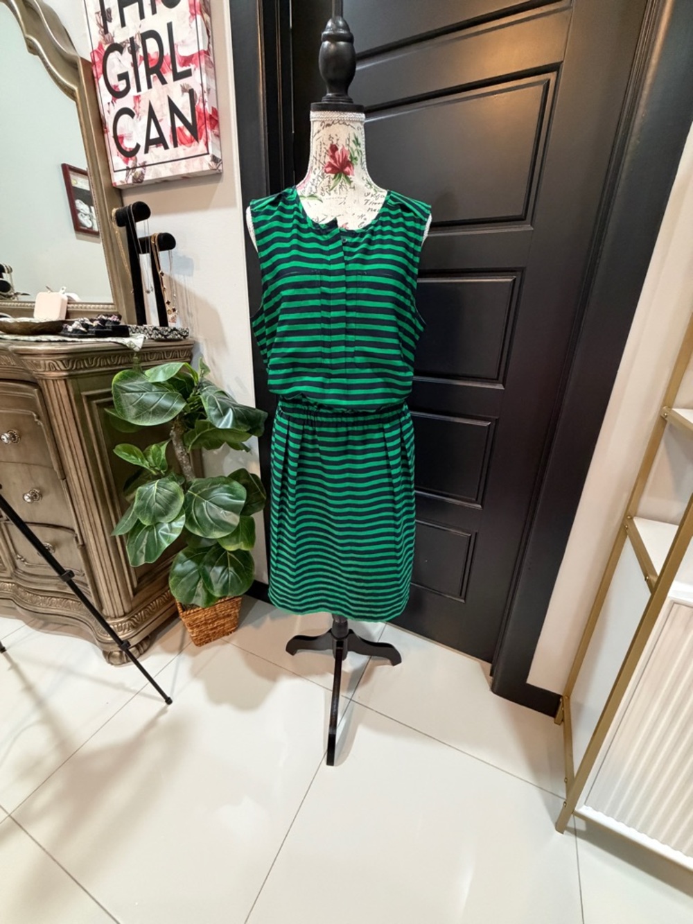 Ann Taylor Green and Black Striped Sleeveless Dress